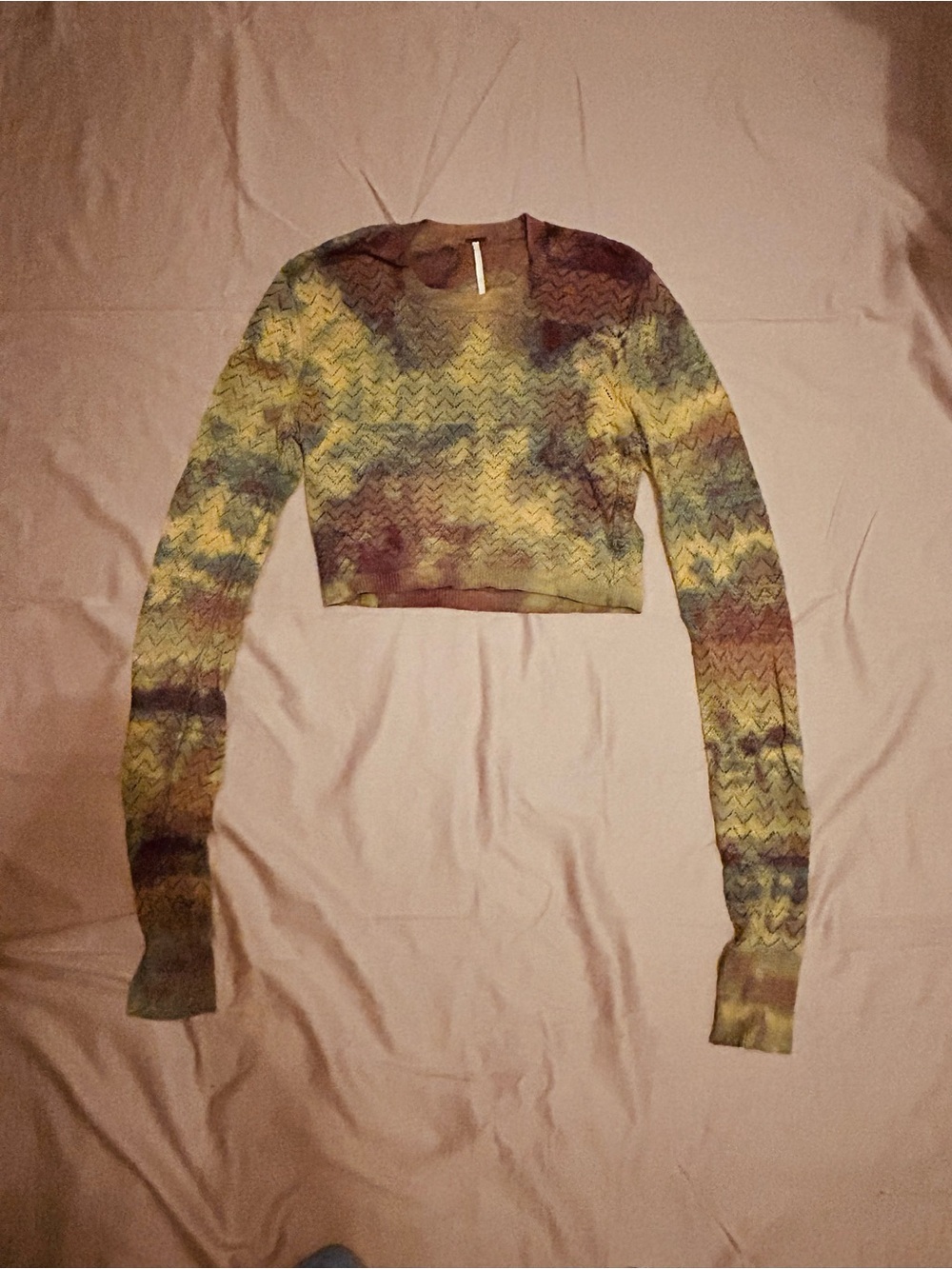 Free People custom tie dyed Cropped Long-Sleeve Knit Top in Olive Multi Size XS
